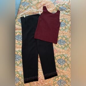 LOFT Dressy Black Cropped Pants with Burgundy Knit Top
